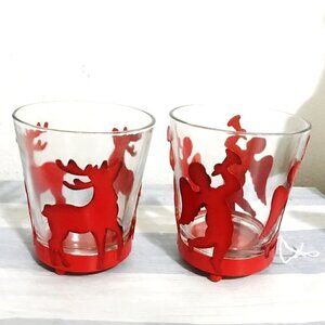 Vintage Red Metal Reindeer & Angel Glass Candle Holder Set Holiday Décor